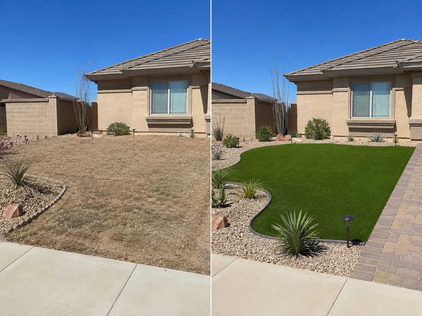 Dead lawn before artificial turf installation and the same Scottsdale yard after conversion