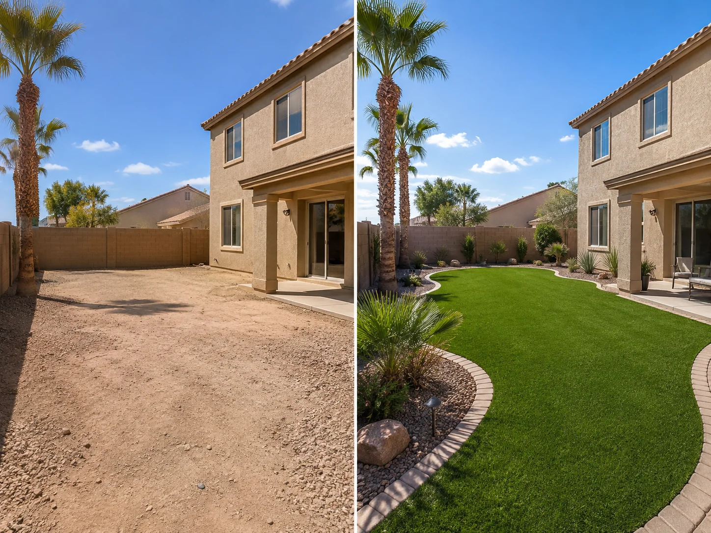 Scottsdale back yard before and after artificial turf installation