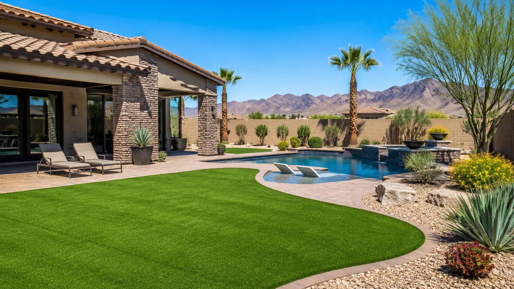Artificial turf lawn and pool in a Scottsdale, Arizona back yard