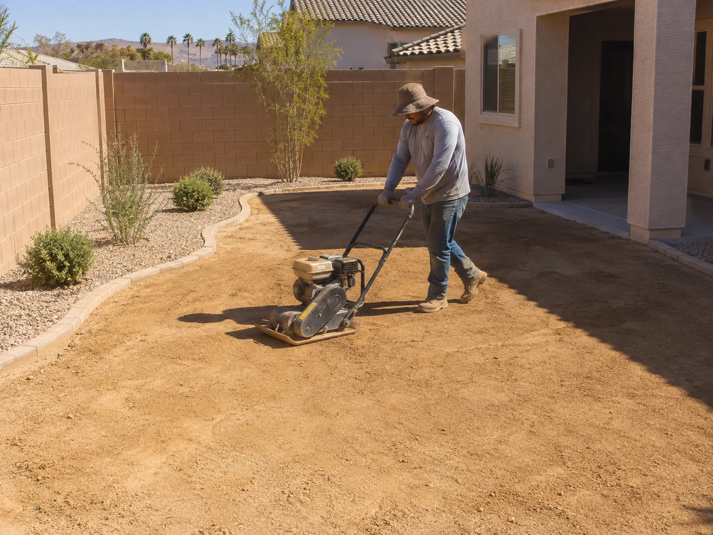 Crew compacting the base for an artificial turf installation in Scottsdale